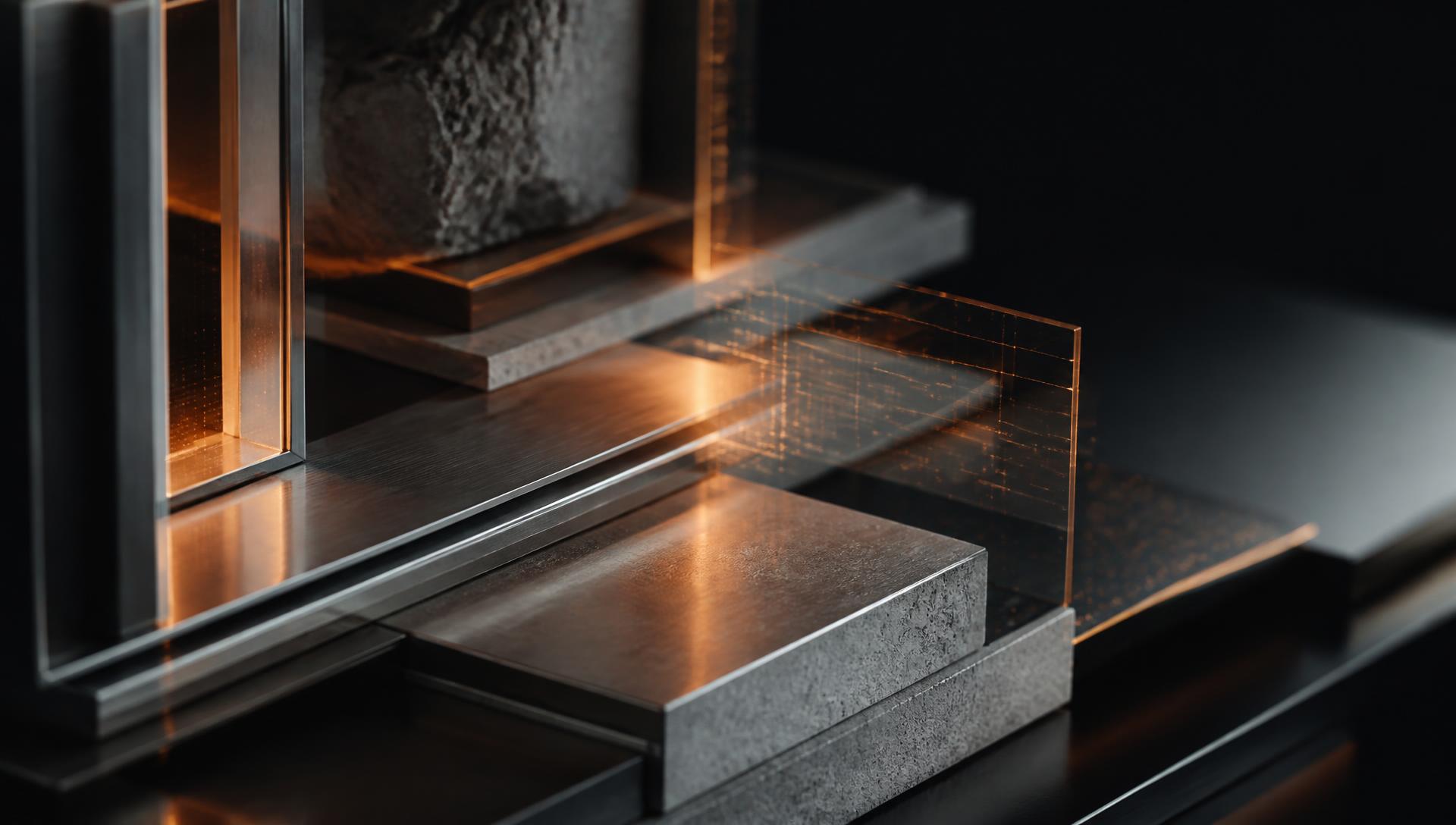 Materiales arquitectónicos y capas tecnológicas iluminadas en tonos naranjas