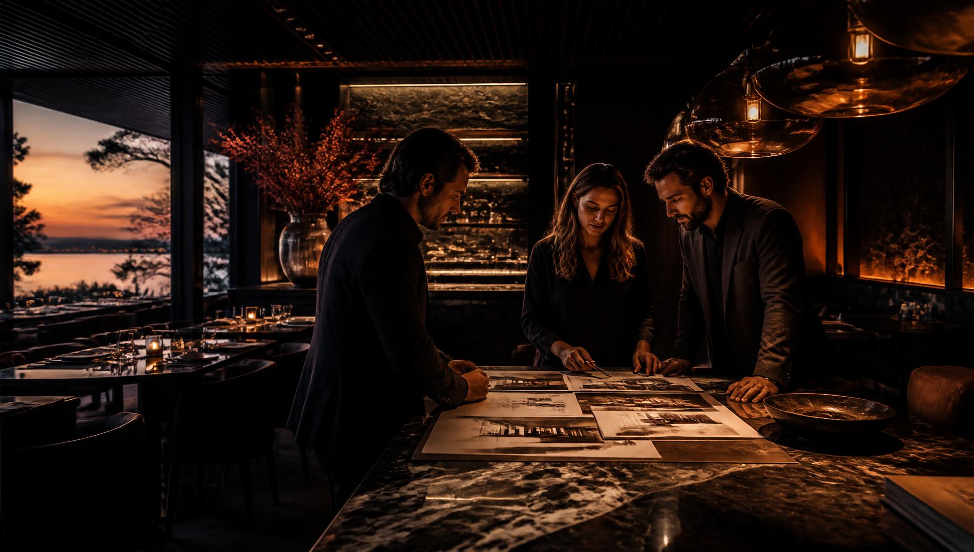 Equipo de SELIDER revisando el concepto de un restaurante premium al atardecer